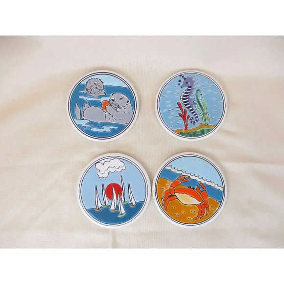 Sea life enamel coasters, Greece, mosaic‎ like - Picture 1 of 6